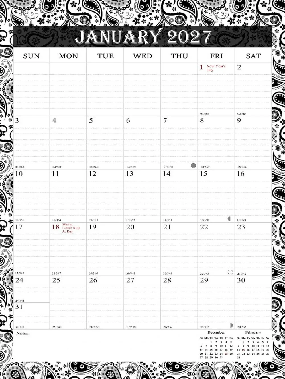 2027 Wall Calendar Spiral-bound Twin-Wire Binding - 12 Months 8.5